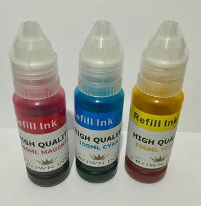 ***3 Bottles of Colour HP Refill Ink - 100ML Cyan, Magenta & Yellow Ink
